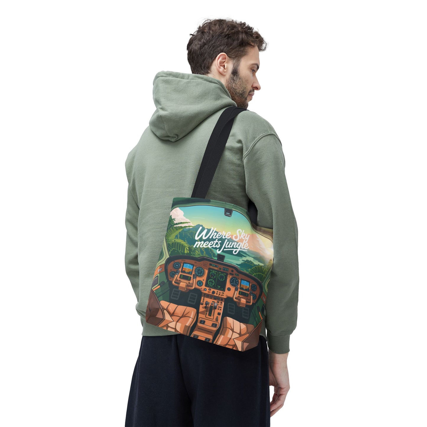 Where Sky Meets Jungle Tote Bag – Cockpit View & Tropical Horizons – Available in multiple sizes and colors