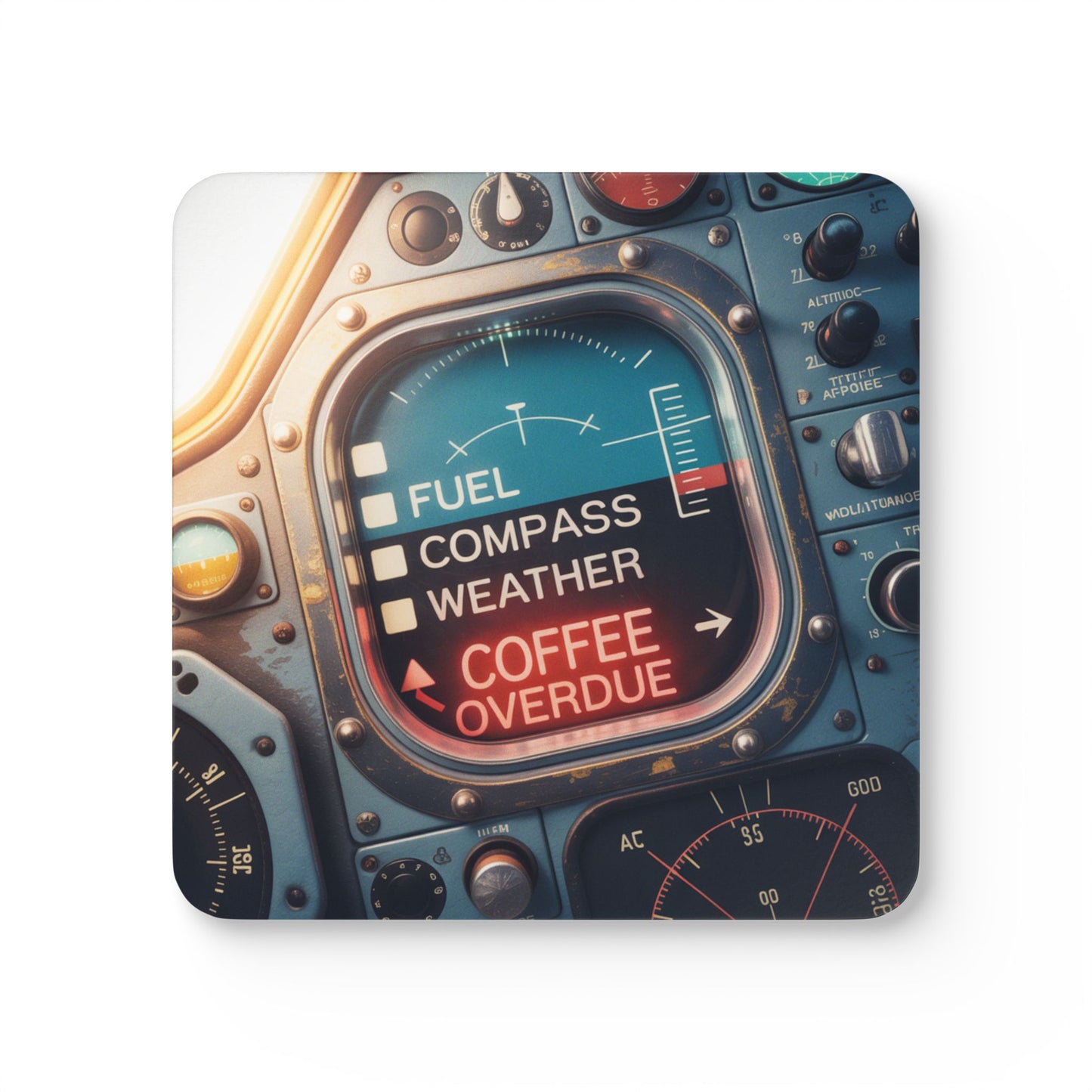 Coffee Overdue – Vintage Cockpit Checklist Print for Pilots – 4-Pack Drink Coasters | Durable MDF with Aircraft Graphic