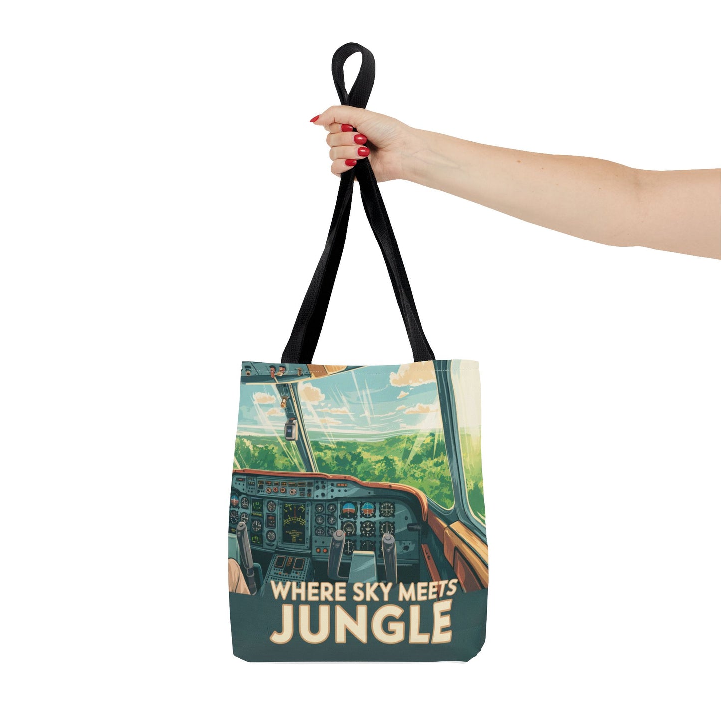 Where Sky Meets Jungle Tote Bag – Scenic Cockpit View Over Tropical Rainforest – Available in Multiple Sizes and Colors