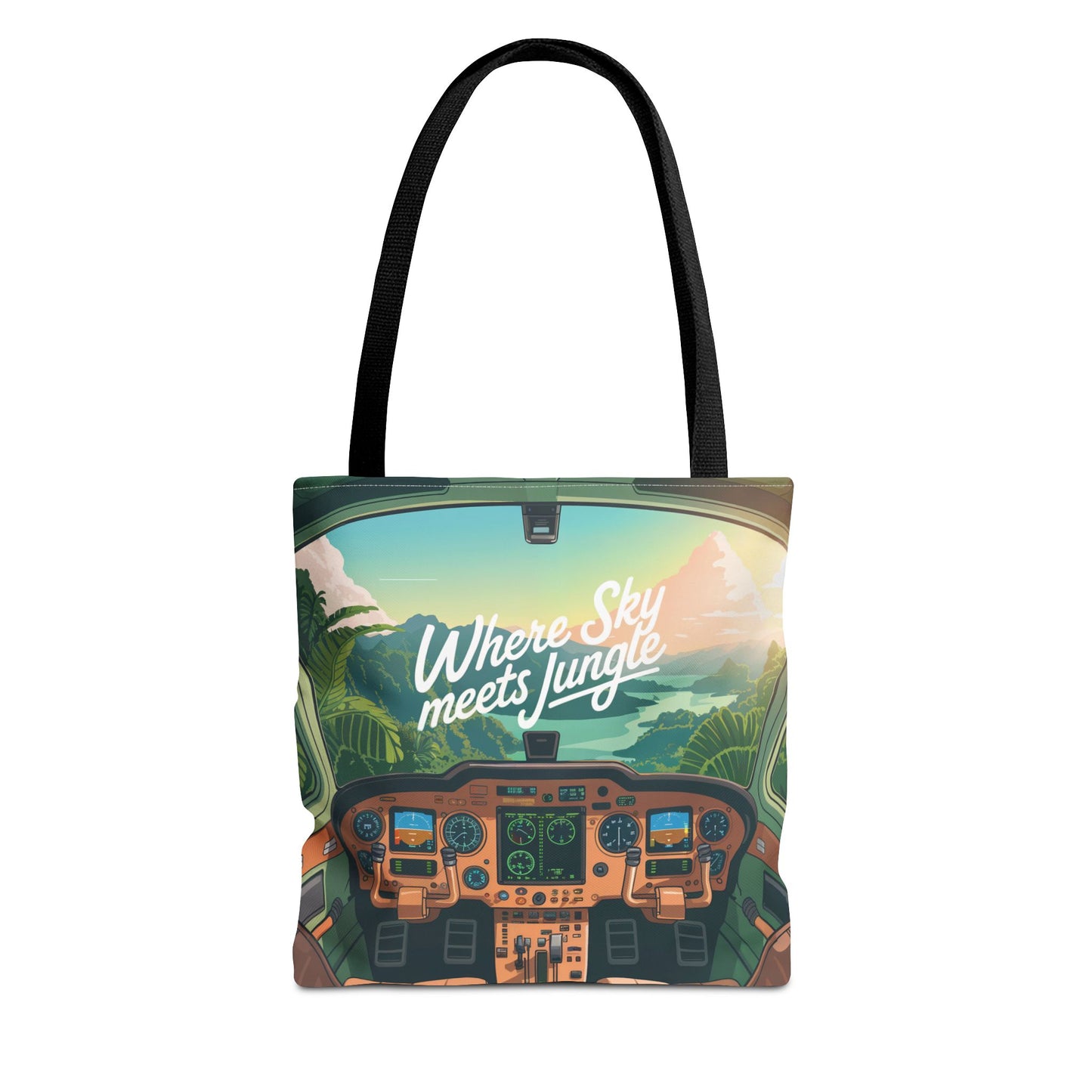 Where Sky Meets Jungle Tote Bag – Cockpit View & Tropical Horizons – Available in multiple sizes and colors