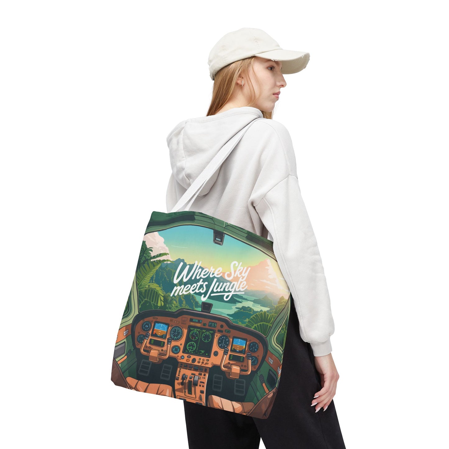 Where Sky Meets Jungle Tote Bag – Cockpit View & Tropical Horizons – Available in multiple sizes and colors