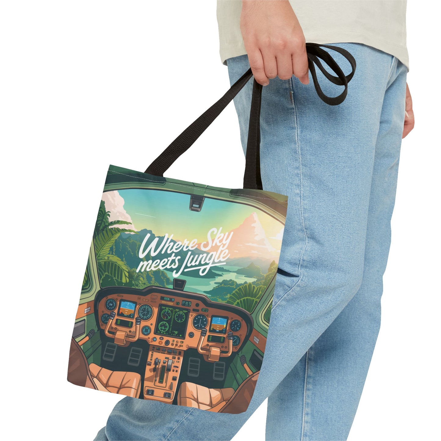 Where Sky Meets Jungle Tote Bag – Cockpit View & Tropical Horizons – Available in multiple sizes and colors