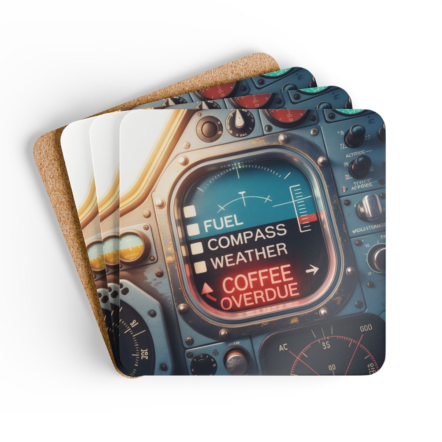 Coffee Overdue – Vintage Cockpit Checklist Print for Pilots – 4-Pack Drink Coasters | Durable MDF with Aircraft Graphic