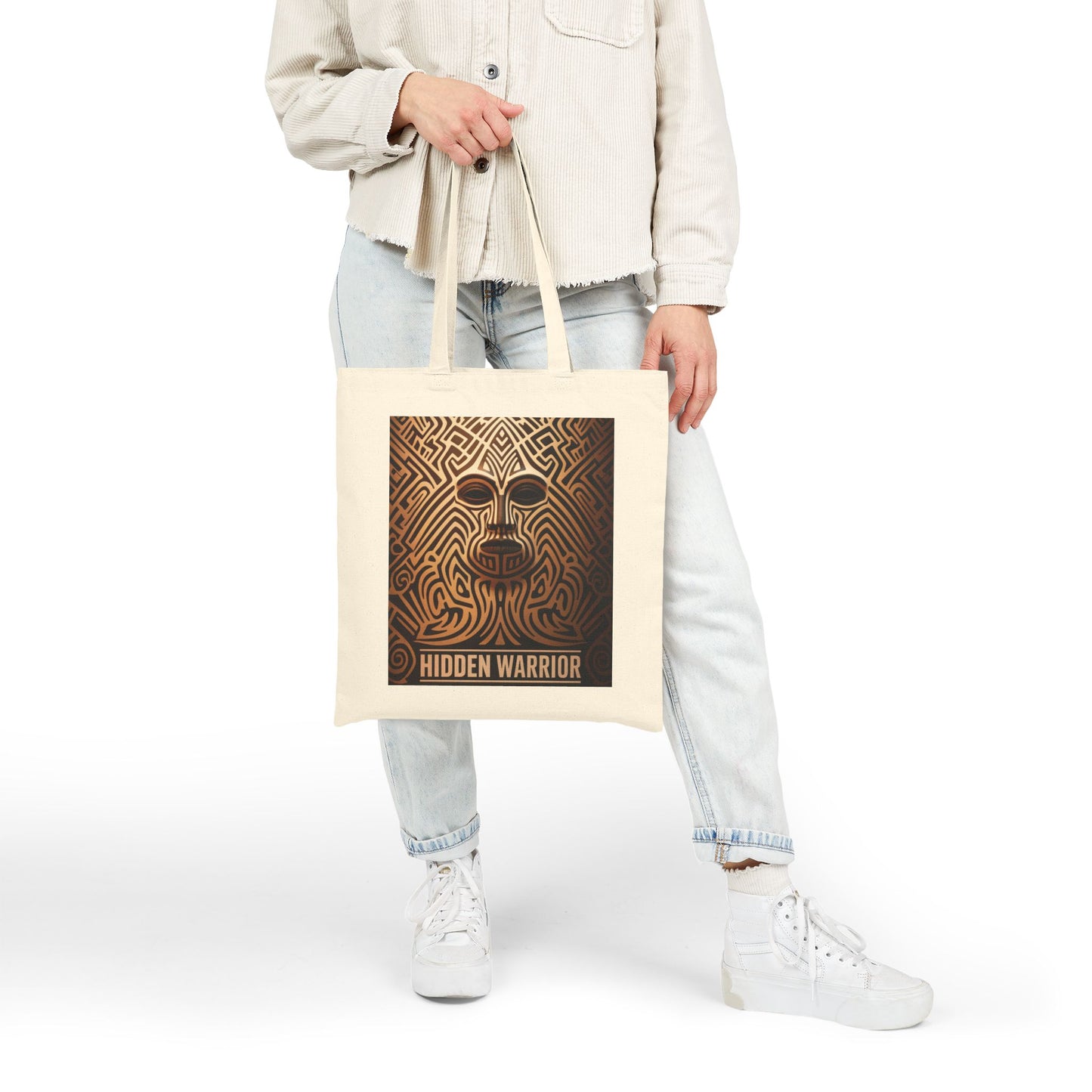 Hidden Warrior Canvas Tote – Intricate Tribal Face Design