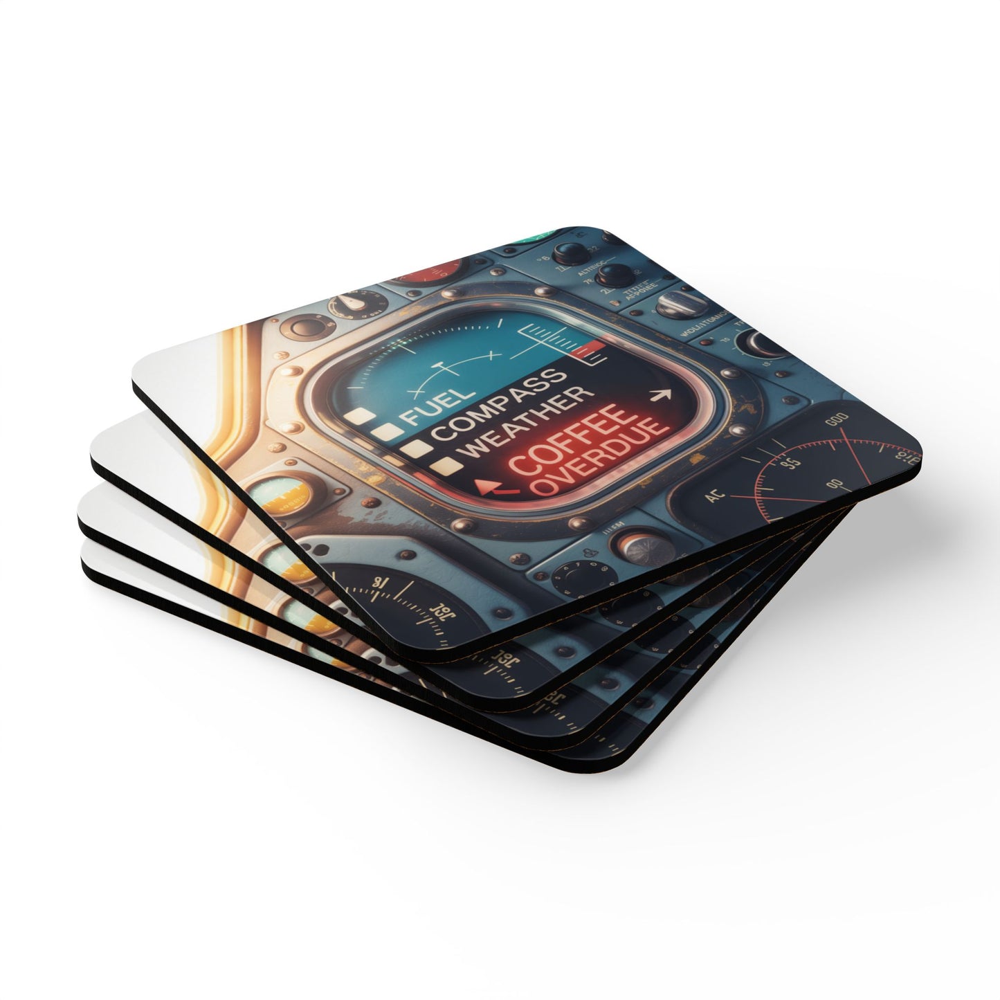 Coffee Overdue – Vintage Cockpit Checklist Print for Pilots – 4-Pack Drink Coasters | Durable MDF with Aircraft Graphic