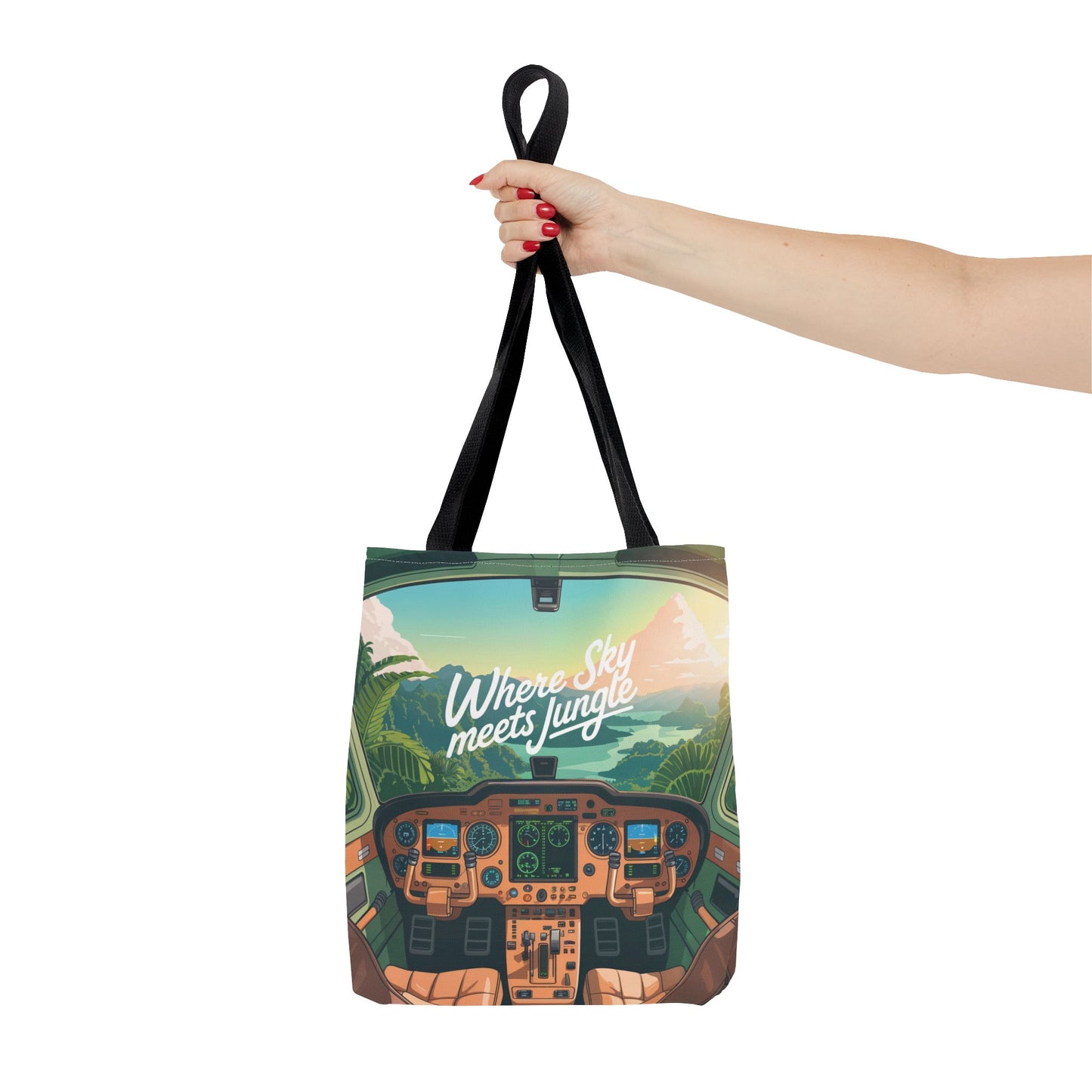Where Sky Meets Jungle Tote Bag – Cockpit View & Tropical Horizons – Available in multiple sizes and colors