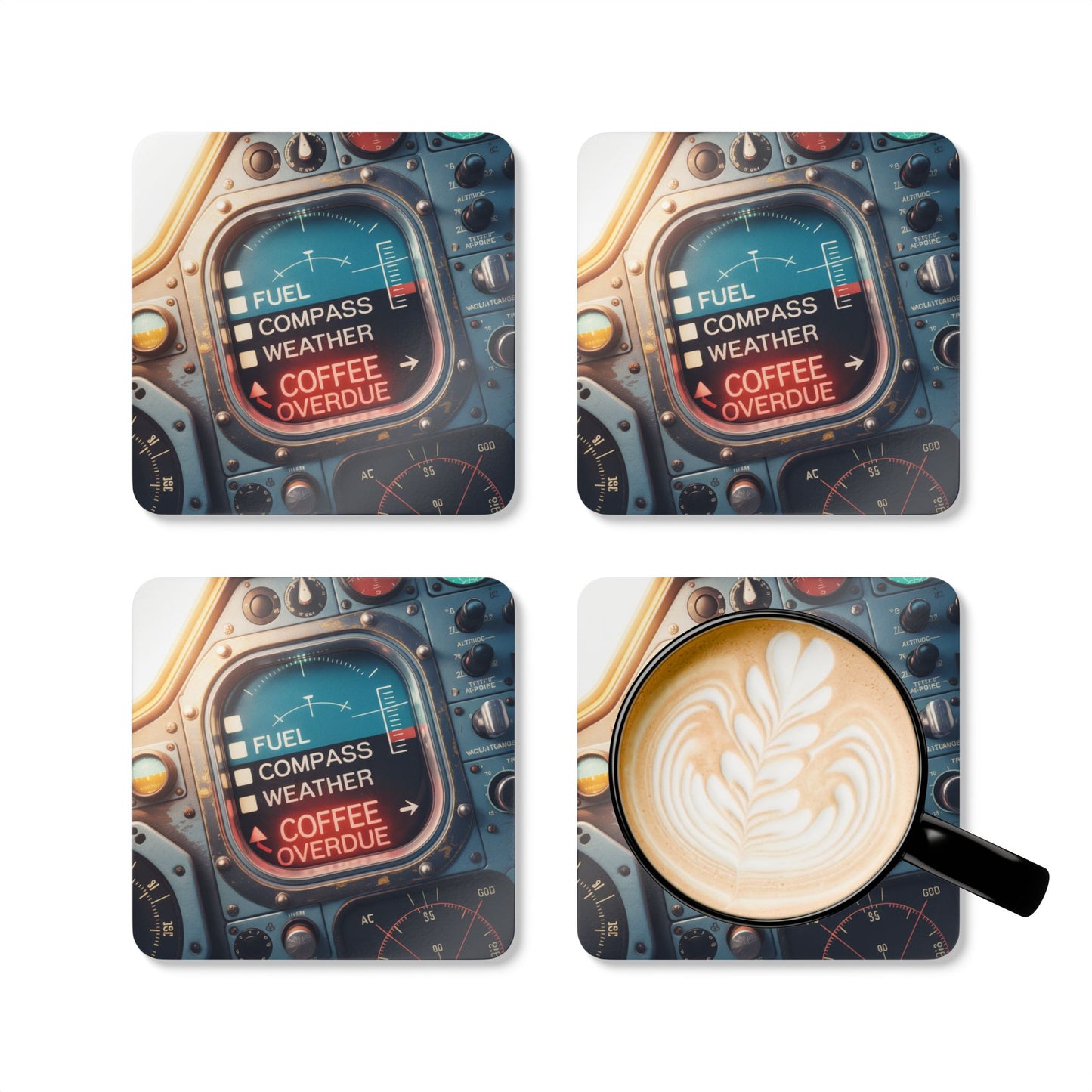 Coffee Overdue – Vintage Cockpit Checklist Print for Pilots – 4-Pack Drink Coasters | Durable MDF with Aircraft Graphic