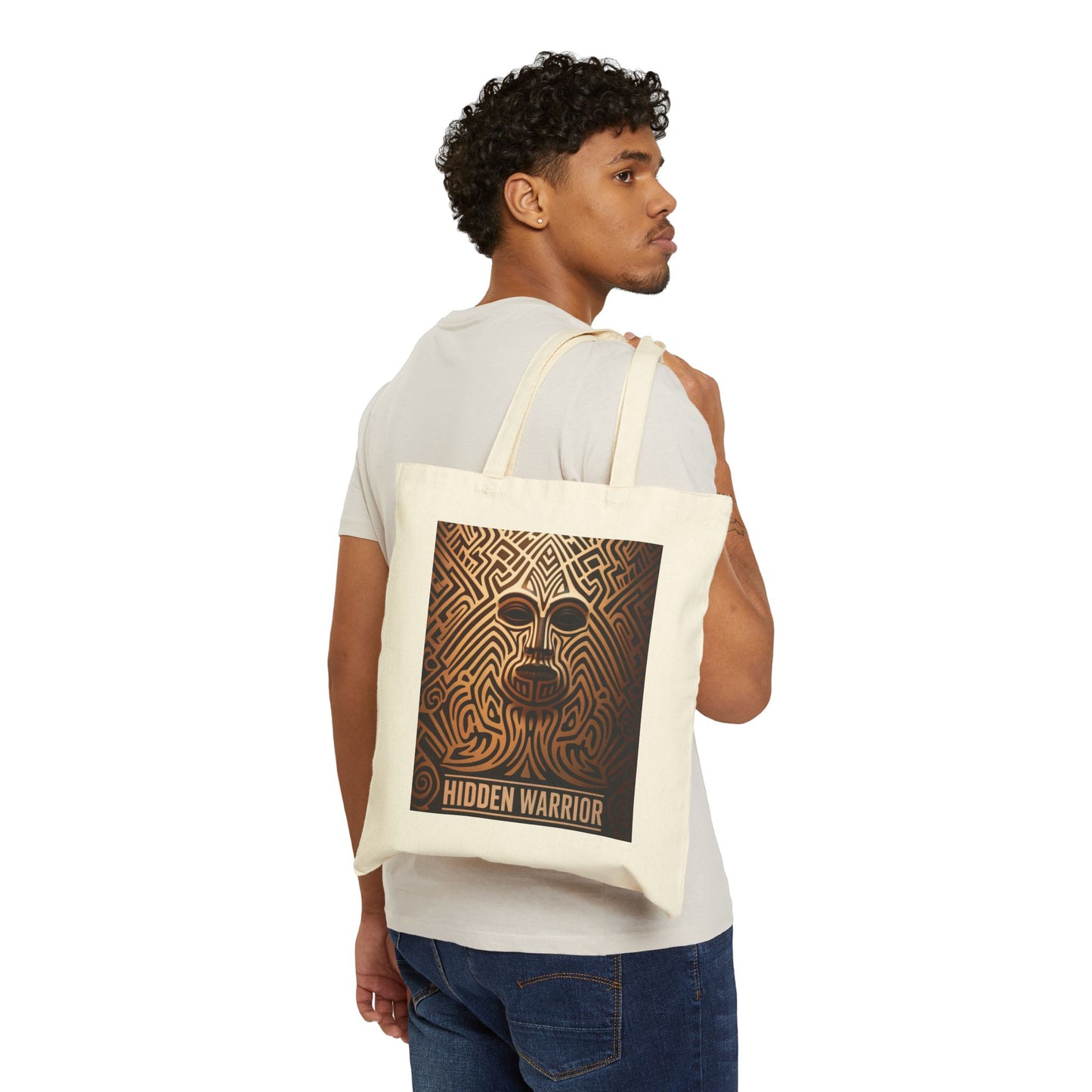 Hidden Warrior Canvas Tote – Intricate Tribal Face Design
