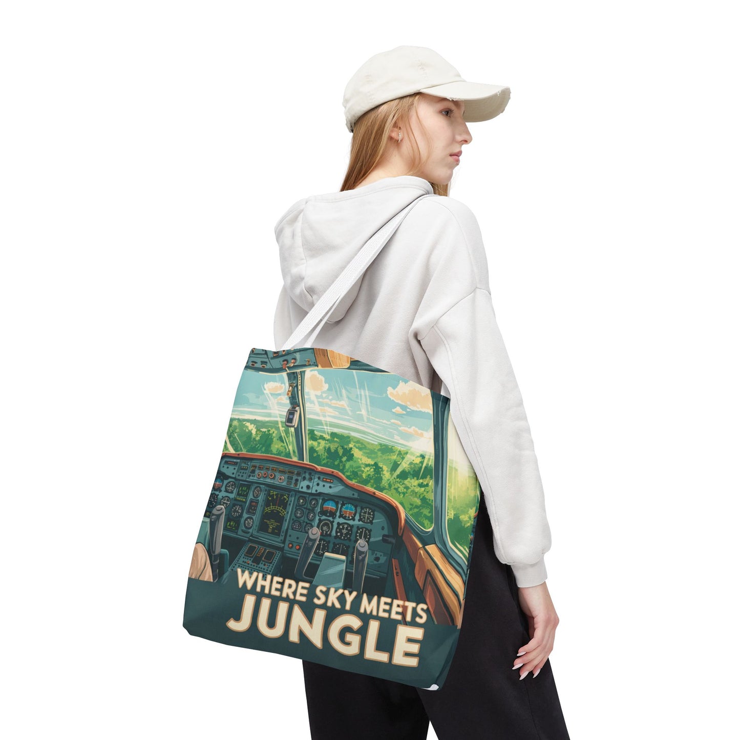 Where Sky Meets Jungle Tote Bag – Scenic Cockpit View Over Tropical Rainforest – Available in Multiple Sizes and Colors
