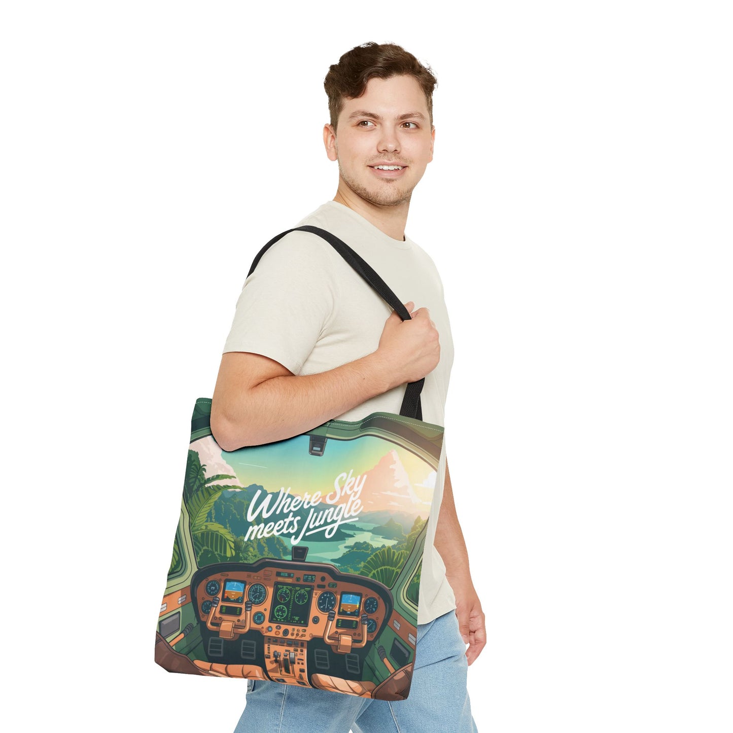 Where Sky Meets Jungle Tote Bag – Cockpit View & Tropical Horizons – Available in multiple sizes and colors