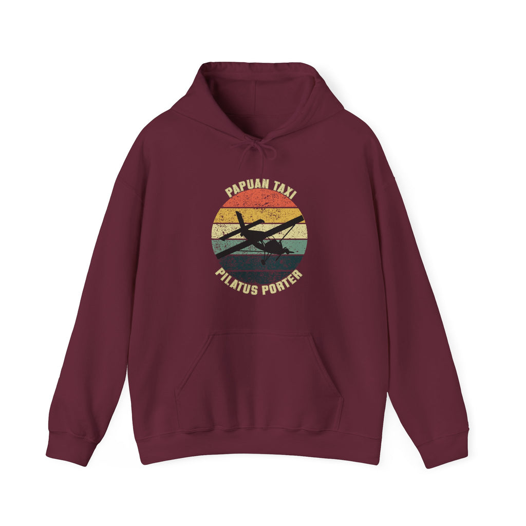 "Jungle Horizon" Papuan Taxi I Unisex Heavy Blend™ Hooded Sweatshirt I Retro Sun Design I Multiple Colors & Sizes Available