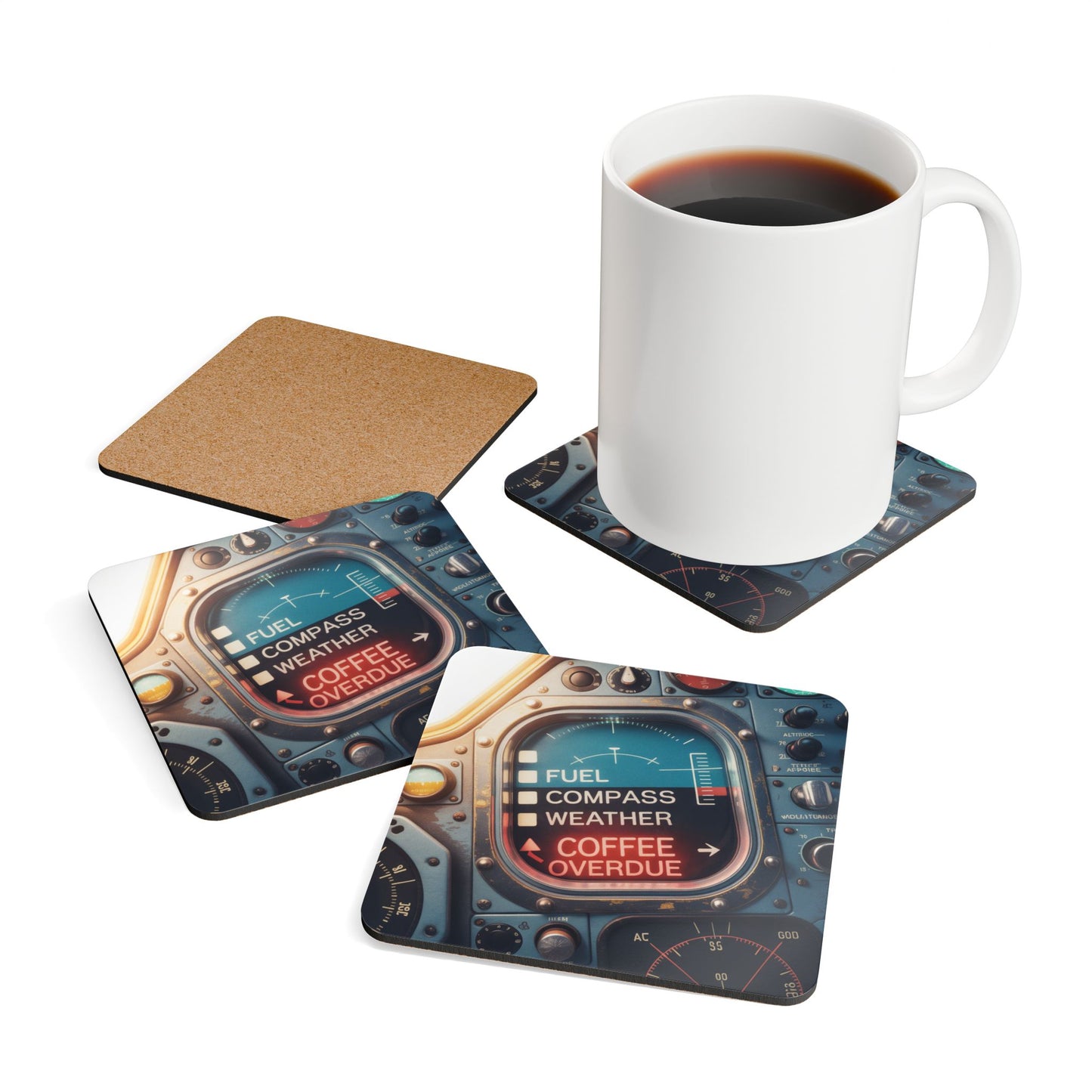 Coffee Overdue – Vintage Cockpit Checklist Print for Pilots – 4-Pack Drink Coasters | Durable MDF with Aircraft Graphic