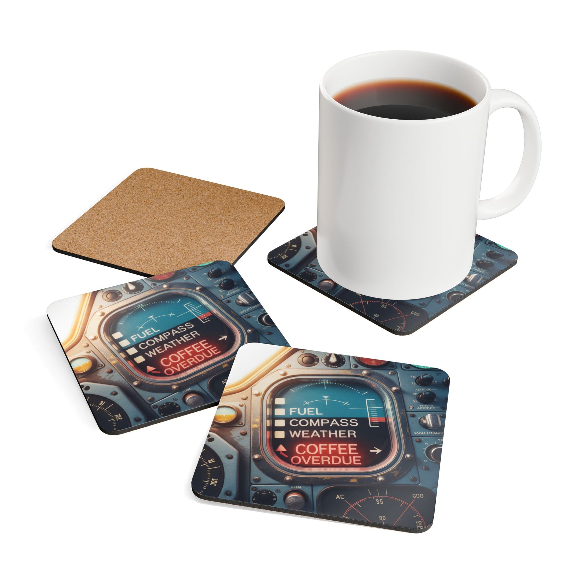 Coffee Overdue – Vintage Cockpit Checklist Print for Pilots – 4-Pack Drink Coasters | Durable MDF with Aircraft Graphic