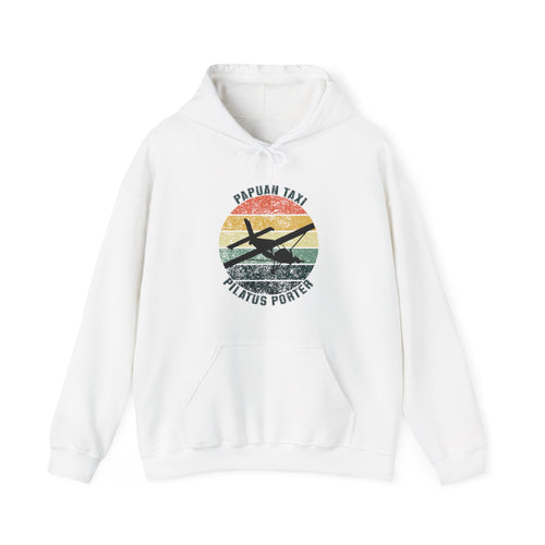 "Jungle Horizon" Papuan Taxi I Unisex Heavy Blend™ Hooded Sweatshirt I Retro Sun Design I Multiple Colors & Sizes Available