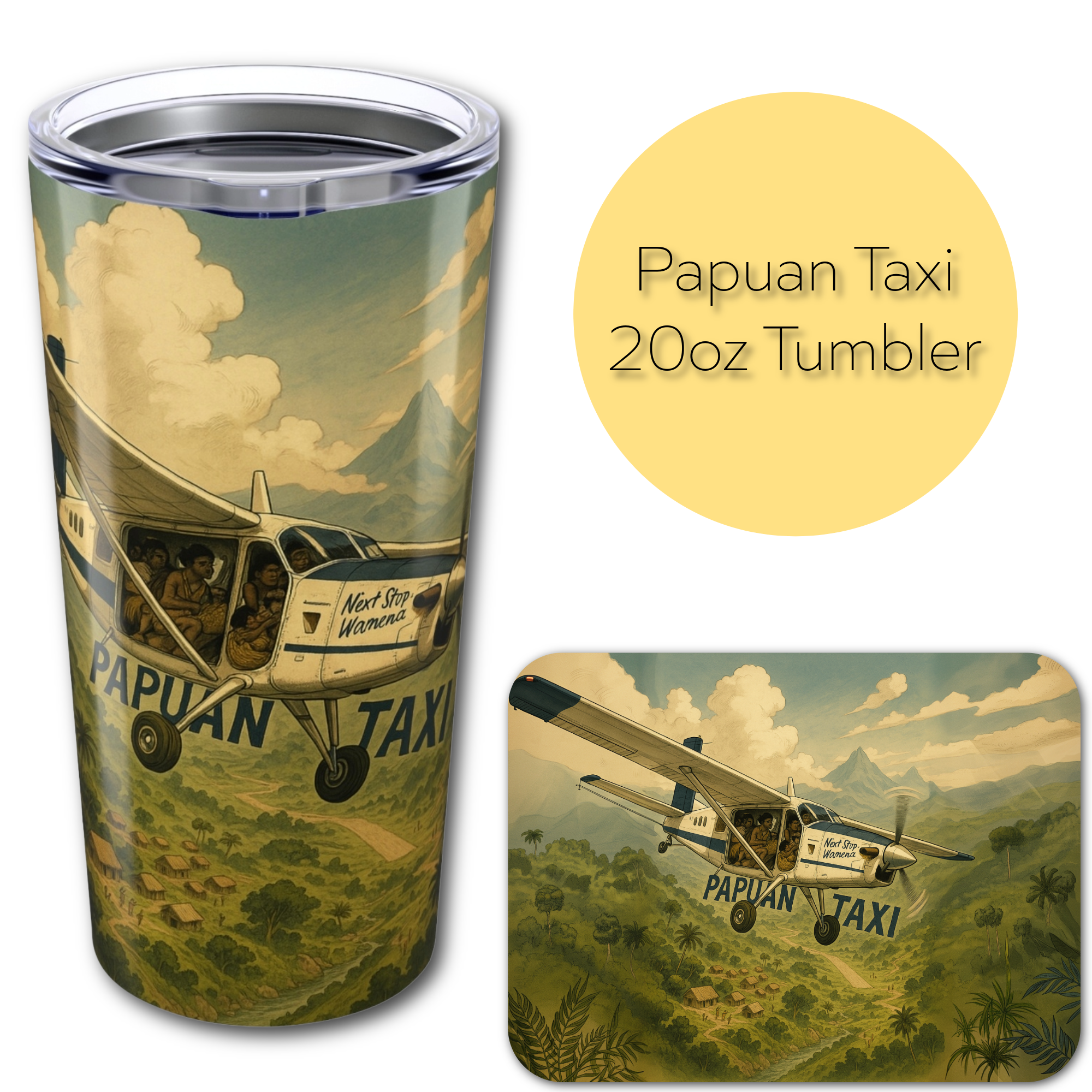 Papuan TaxiTumbler 20oz | Adventure Travel Mug, Pilot Gift, Unique Coffee Cup, Outdoor Explorer, Aviation Lover's Tumbler